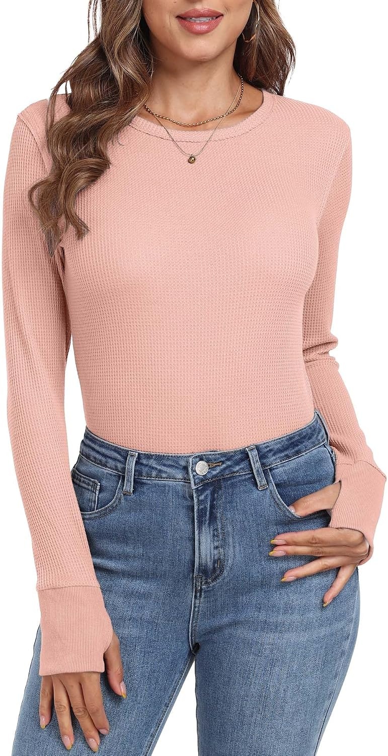 image:imageGRECERELLE Long Sleeve Shirts for Women Waffle Knit Tops for Women Y2K TopsPink