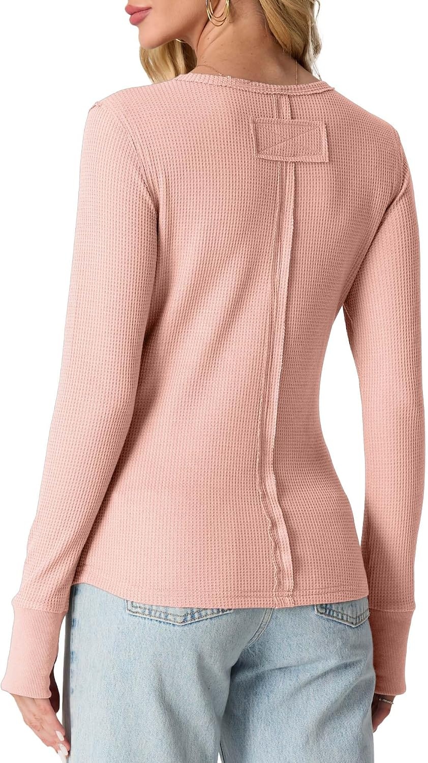 image:imageGRECERELLE Long Sleeve Shirts for Women Waffle Knit Tops for Women Y2K TopsPink