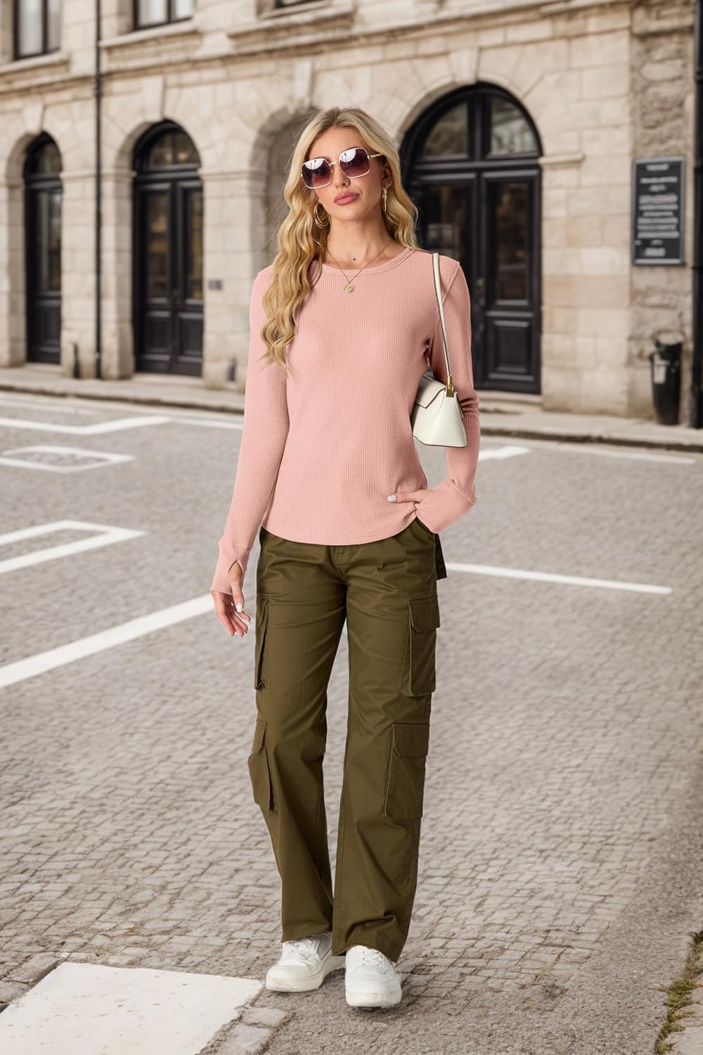 image:imageGRECERELLE Long Sleeve Shirts for Women Waffle Knit Tops for Women Y2K TopsPink