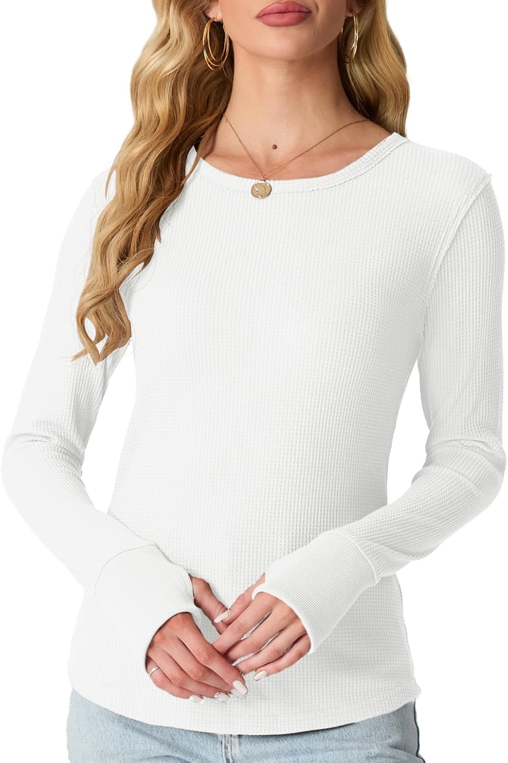 image:imageGRECERELLE Long Sleeve Shirts for Women Waffle Knit Tops for Women Y2K TopsWhite