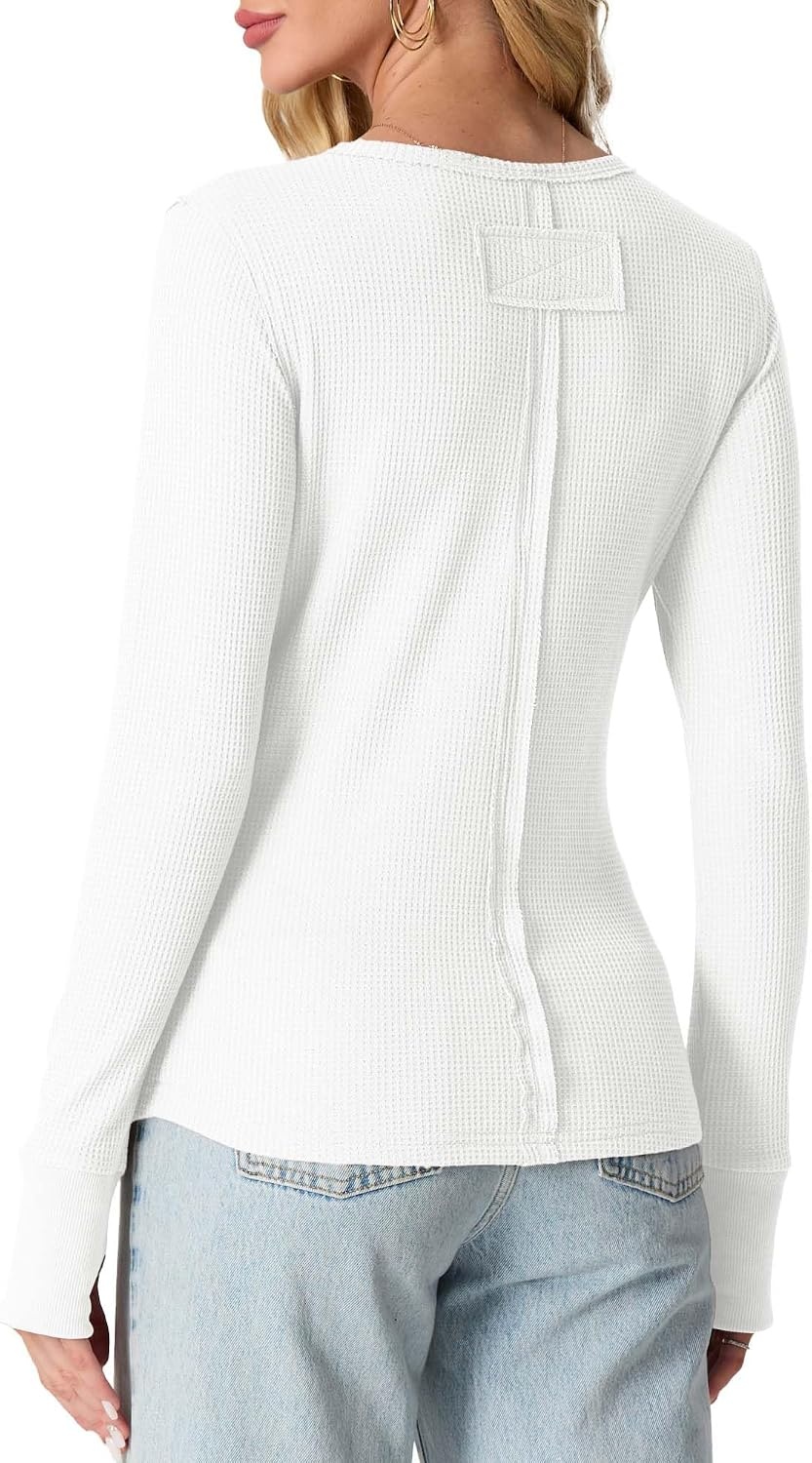 image:imageGRECERELLE Long Sleeve Shirts for Women Waffle Knit Tops for Women Y2K TopsWhite