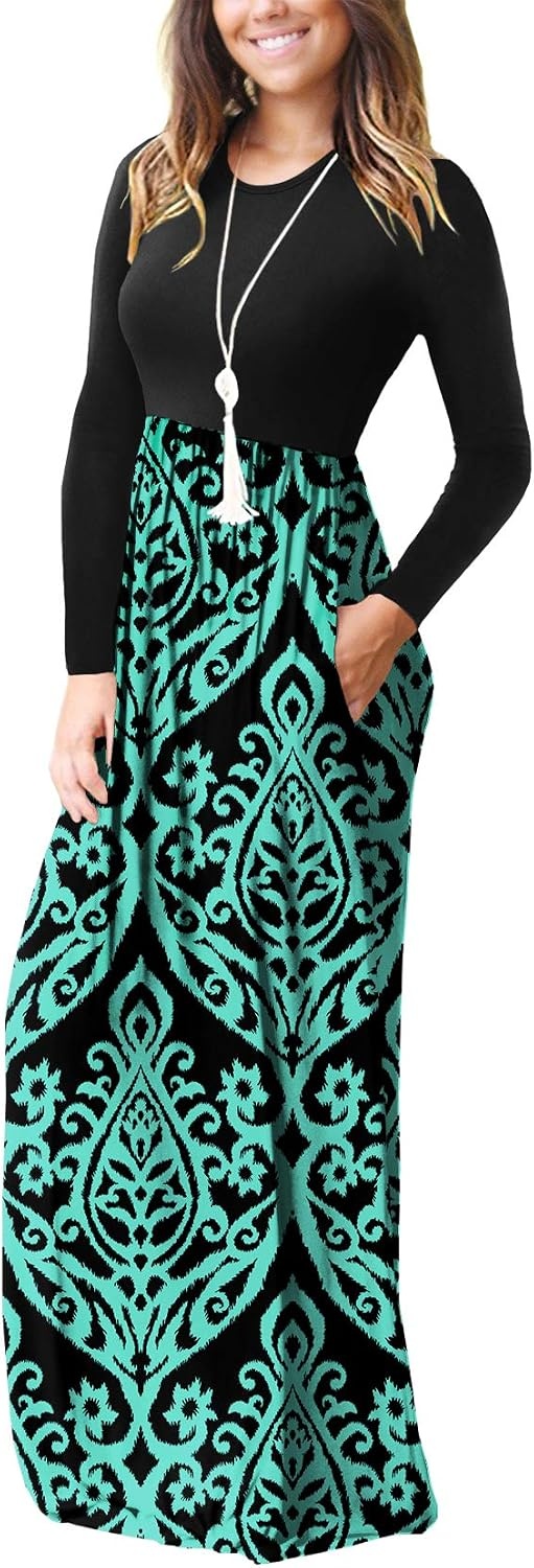 image:imageGRECERELLE Maxi Long Dress for Women Empire Waist Fall Casual DressesFlowers Blue Green