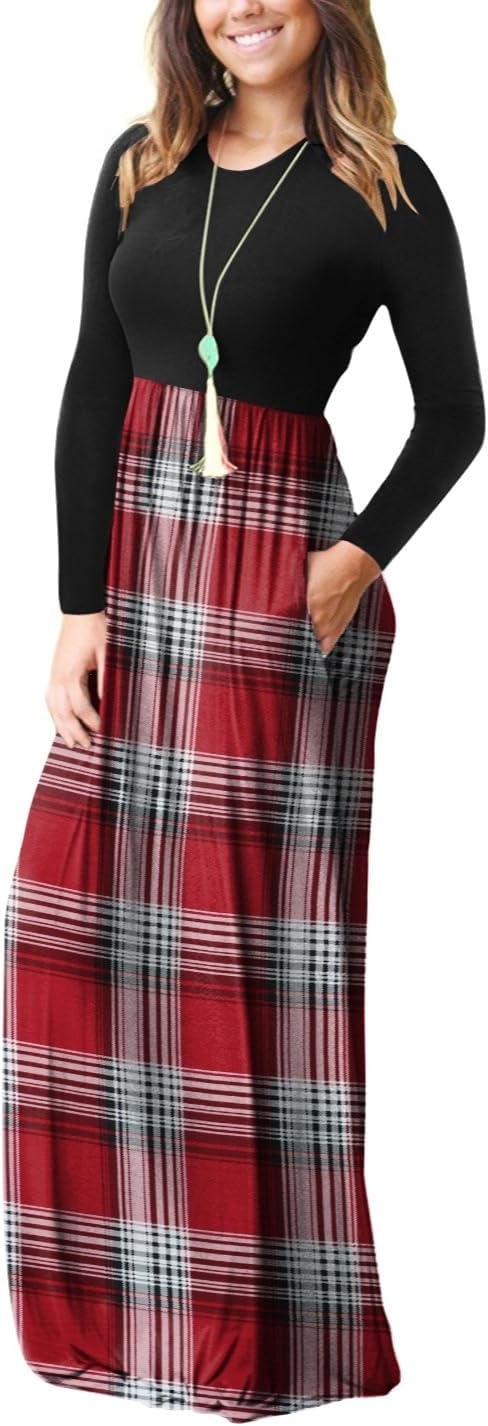 image:imageGRECERELLE Maxi Long Dress for Women Empire Waist Fall Casual DressesRed White Plaid