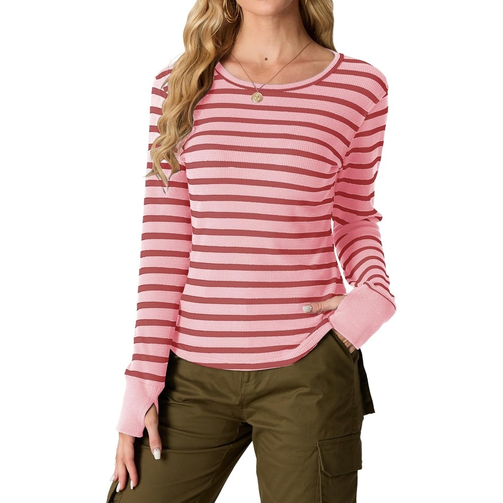 image:imageGRECERELLE Long Sleeve Shirts for Women Waffle Knit Tops for Women Y2K TopsPink Red Stripe
