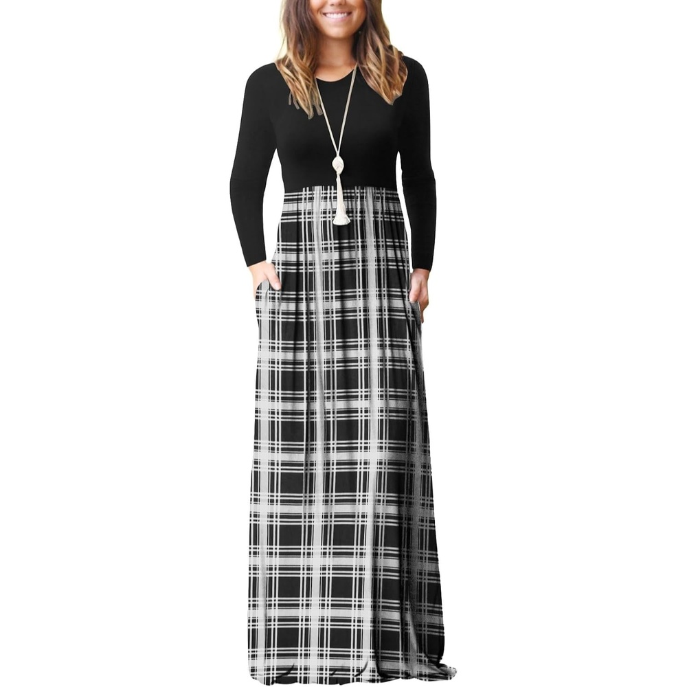 image:imageGRECERELLE Maxi Long Dress for Women Empire Waist Fall Casual DressesBlack White Plaid