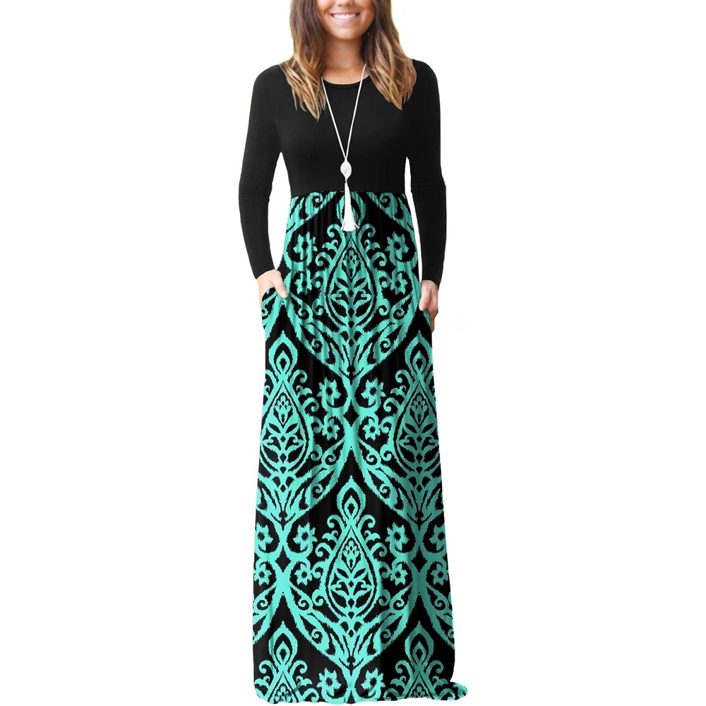 image:imageGRECERELLE Maxi Long Dress for Women Empire Waist Fall Casual DressesFlowers Blue Green