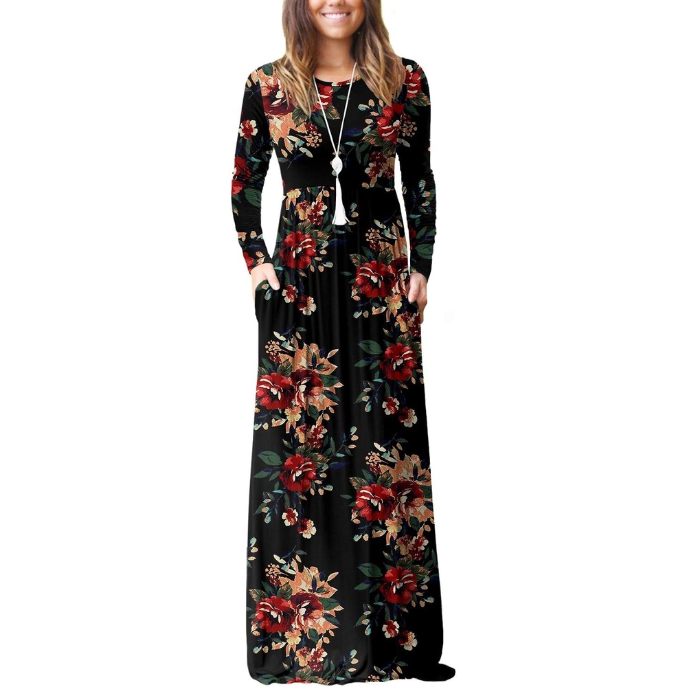 image:imageGRECERELLE Maxi Long Dress for Women Empire Waist Fall Casual DressesFlowers Brown Black