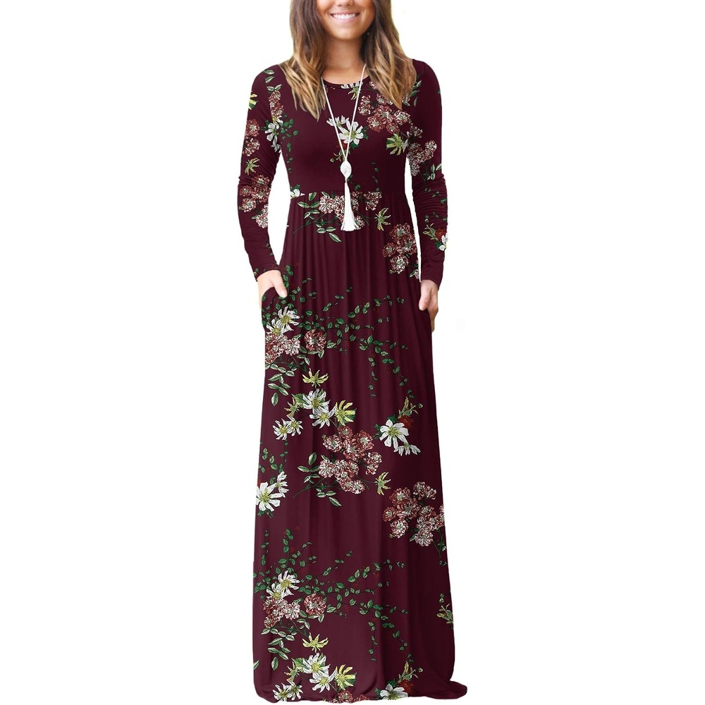 image:imageGRECERELLE Maxi Long Dress for Women Empire Waist Fall Casual DressesFlowers Wine Red