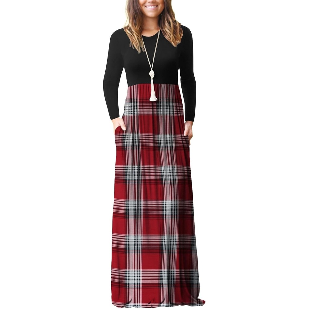 image:imageGRECERELLE Maxi Long Dress for Women Empire Waist Fall Casual DressesRed White Plaid