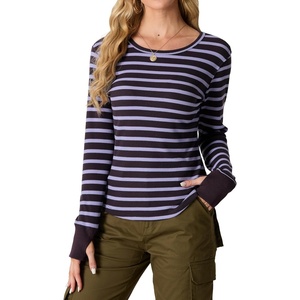 GRECERELLE Long Sleeve Shirts for Women Waffle Knit Tops for Women Y2K Tops(Black Purple Stripe)