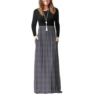 GRECERELLE Maxi Long Dress for Women Empire Waist Fall Casual Dresses(Black Wh Houndstooth)