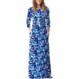 GRECERELLE Maxi Long Dress for Women Empire Waist Fall Casual Dresses(Blue Ink White)