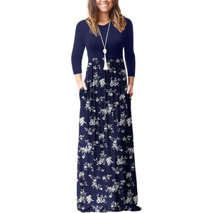 GRECERELLE Maxi Long Dress for Women Empire Waist Fall Casual Dresses(Blue Small Flower)