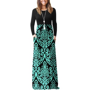 GRECERELLE Maxi Long Dress for Women Empire Waist Fall Casual Dresses(Flowers Blue Green)