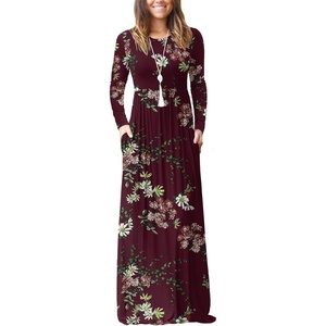GRECERELLE Maxi Long Dress for Women Empire Waist Fall Casual Dresses(Flowers Wine Red)